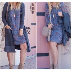 Cabi Shirt Dress Shift Provincial Paisley L Long Sleeve Floral Blue Brown Boho